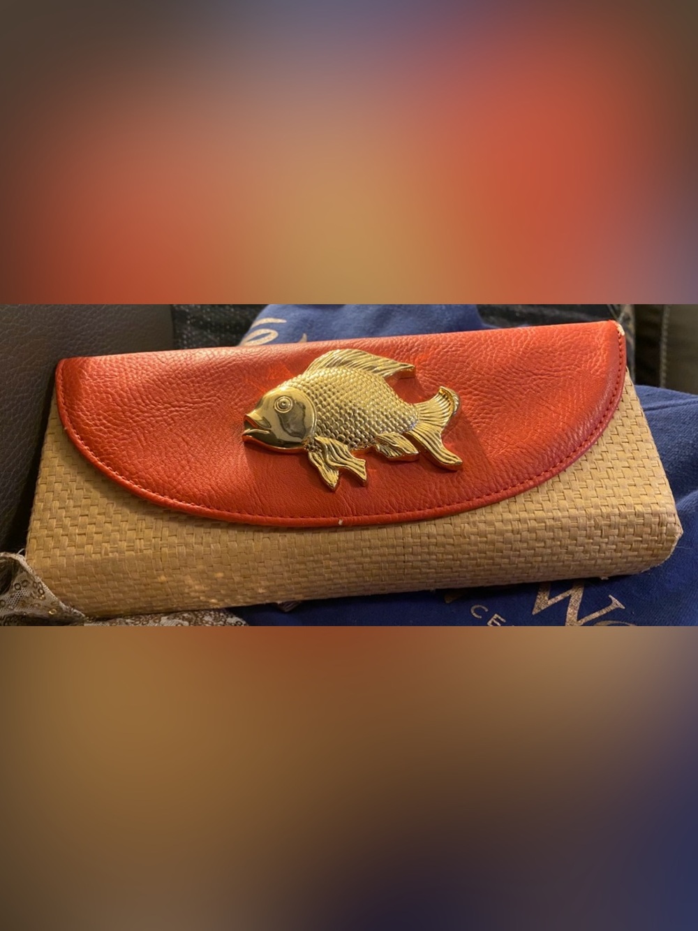 Mud Pie Orqnge Leather & Woven Straw Clutch with Gold Fish Accent